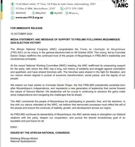 Governo da África do Sul Felicita Daniel Chapo Pela Vitória nas Eleições em Moçambique