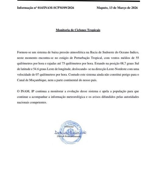 Informação do INAM Sobre Formação de Uma Perturbação Tropical Violenta no Oceano Índico